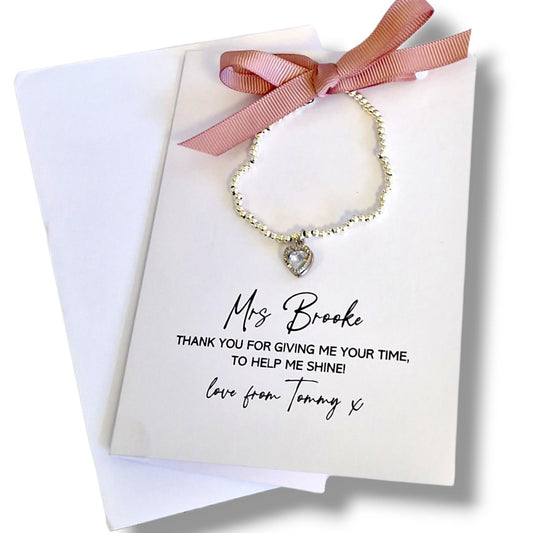 Teacher, Coach, Mentor Greeting Card with Silver Plated Heart Charm Bracelet | Thank You Teacher Card, Giving me your time, to help me shine
