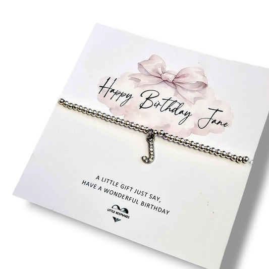 Personalised Initial Birthday Bracelet | Silver Plated Beaded Stretch Bracelet | Letter Charm Gift for Her | Birthday Keepsake