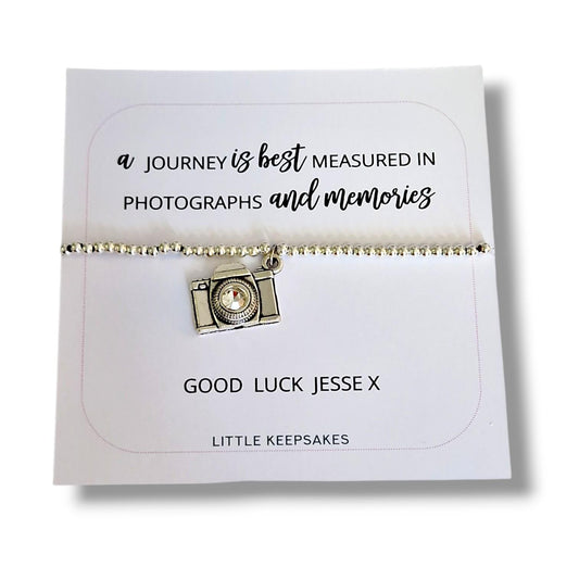 Travel Bracelet Leaving Gift  | Silver Plated Camera Charm Bracelet | Bon Voyage Gift | New Adventure Keepsake | Friendship Gift