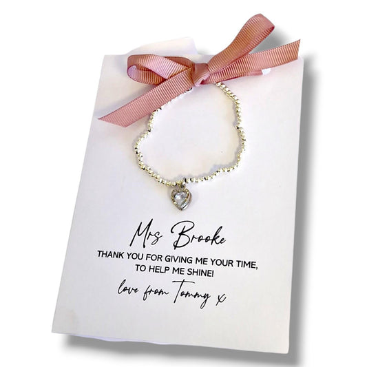 Teacher, Coach, Mentor Greeting Card with Silver Plated Heart Charm Bracelet | Thank You Teacher Card, Giving me your time, to help me shine