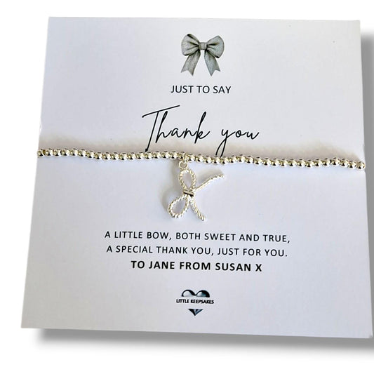 Just to Say Thank You Bracelet | Silver Plated Bow Charm Bracelet | Appreciation Keepsake | Friend, Teacher or Colleague Gift