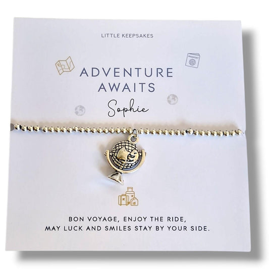 Adventure Awaits Silver Plated Charm Bracelet, Globe Travel Bracelet, Bon Voyage Gift, Gap Year Gift, Traveller Keepsake UK