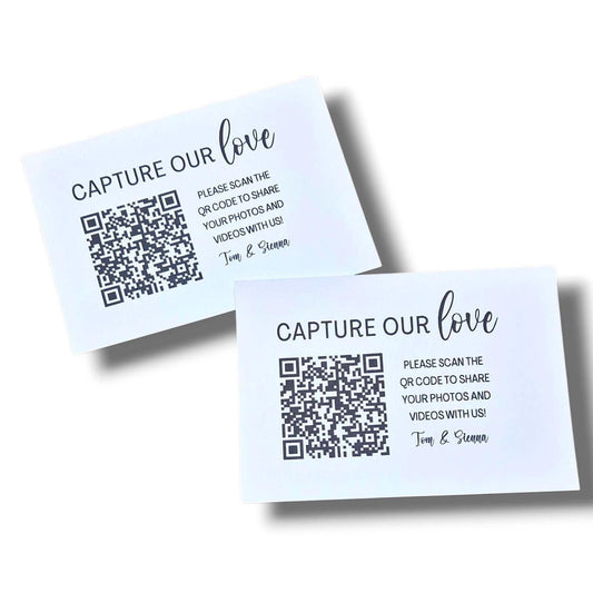 Wedding QR Code Photo Sharing Cards: Personalised Engagement Announcement, Anniversary, Birthday (7x10 cm A7 Size) - Capture our love