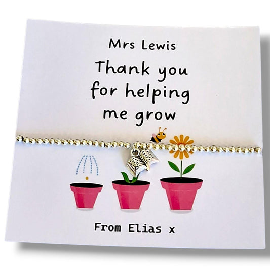 hank You Teacher Helping Me Grow Silver Plated Bracelet | Teacher Appreciation Gift | End of Year Teacher Thank You | Mentor Gift