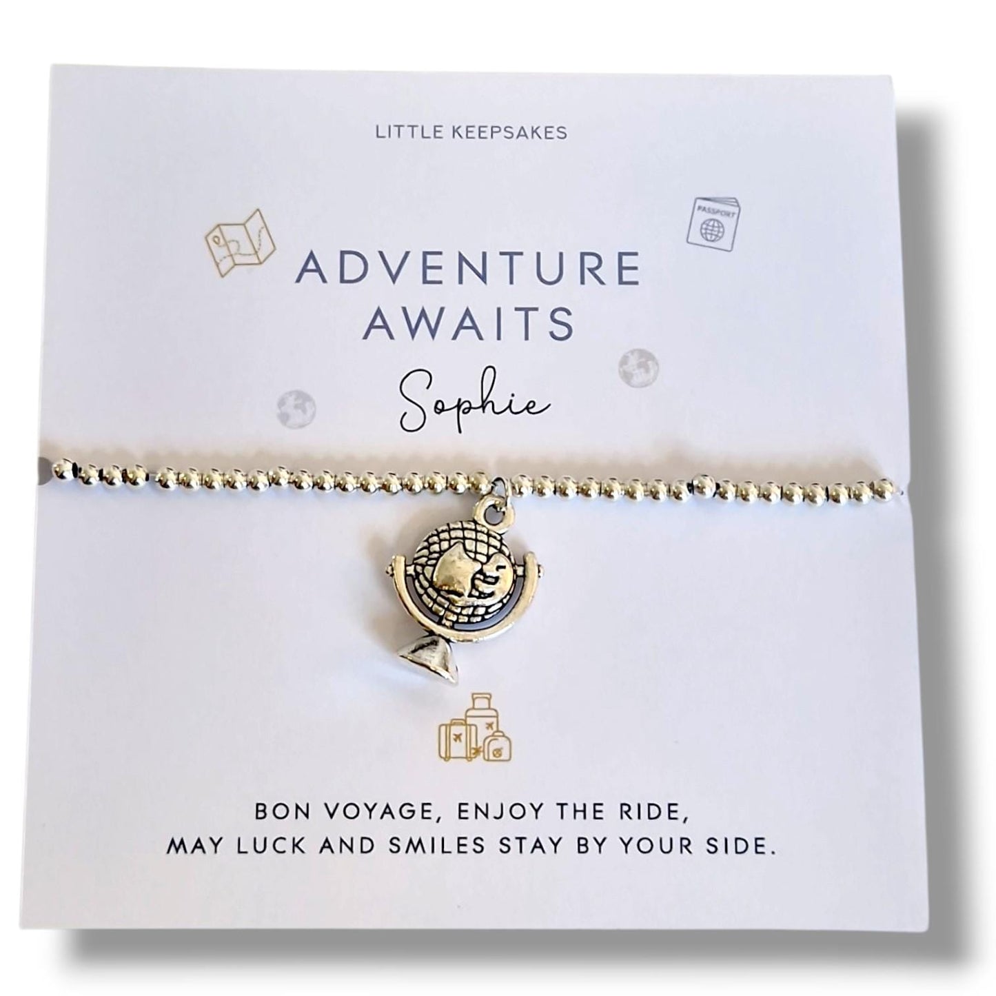 Adventure Awaits Silver Plated Charm Bracelet, Globe Travel Bracelet, Bon Voyage Gift, Gap Year Gift, Traveller Keepsake UK