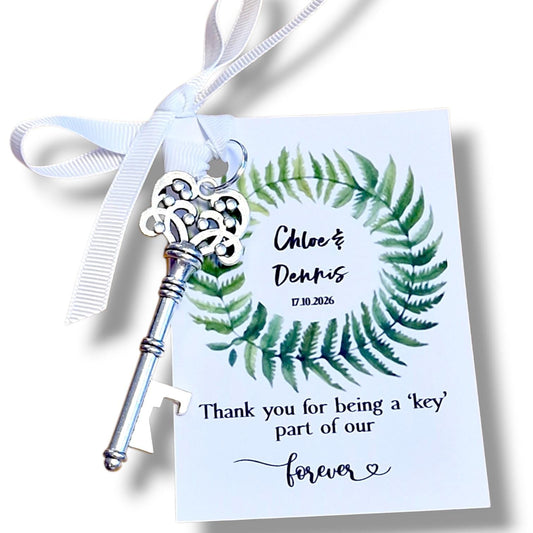Boho Fern, Eucalyptus  Key Bottle Opener Wedding Favors: Botanical Fern Tag, Ribbon