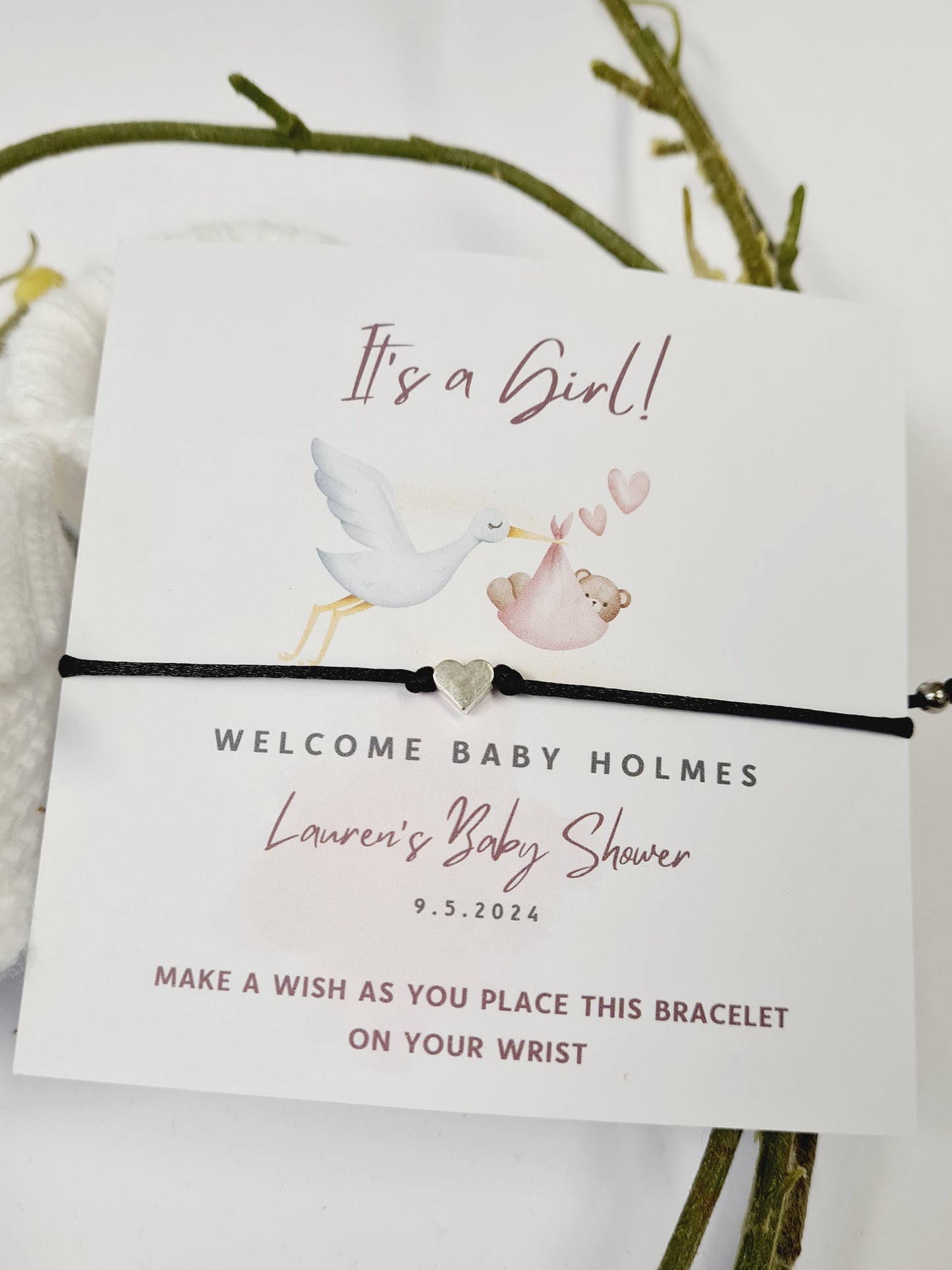 It's a Girl!- Stork Personalised Baby Shower Wish Bracelet, Mummy to Be, Charm String Bracelet, Personalised Gift - Pink - S566