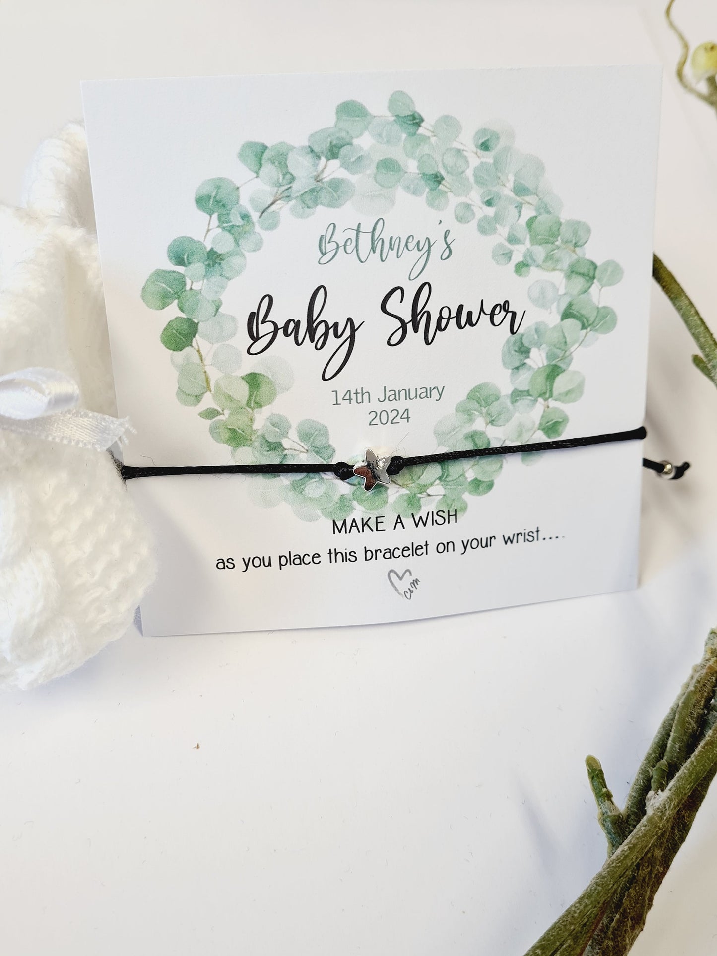 Eucalyptus Botanical  wreath  Personalised Baby Shower Wish Bracelet, Mummy to Be, Charm String Bracelet, Personalised Gift - BB88