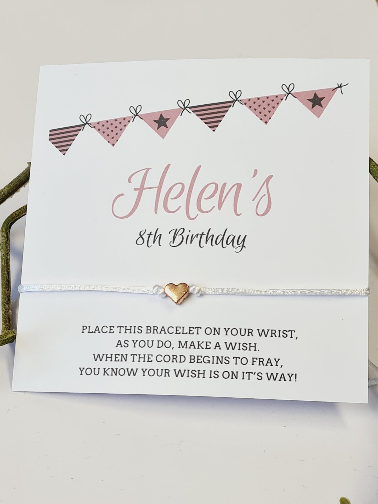 Pink Bunting Design Birthday - wish string charm bracelet - Party bag filler - Personalised - Any age - Batmitzvah - Christening - Party W1