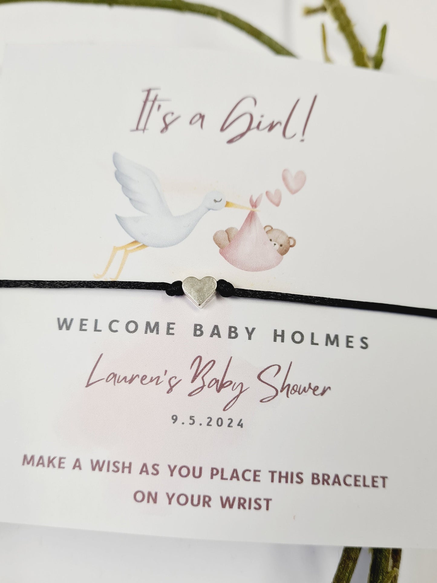 It's a Girl!- Stork Personalised Baby Shower Wish Bracelet, Mummy to Be, Charm String Bracelet, Personalised Gift - Pink - S566