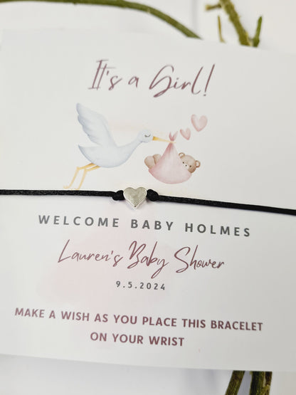 It's a Girl!- Stork Personalised Baby Shower Wish Bracelet, Mummy to Be, Charm String Bracelet, Personalised Gift - Pink - S566